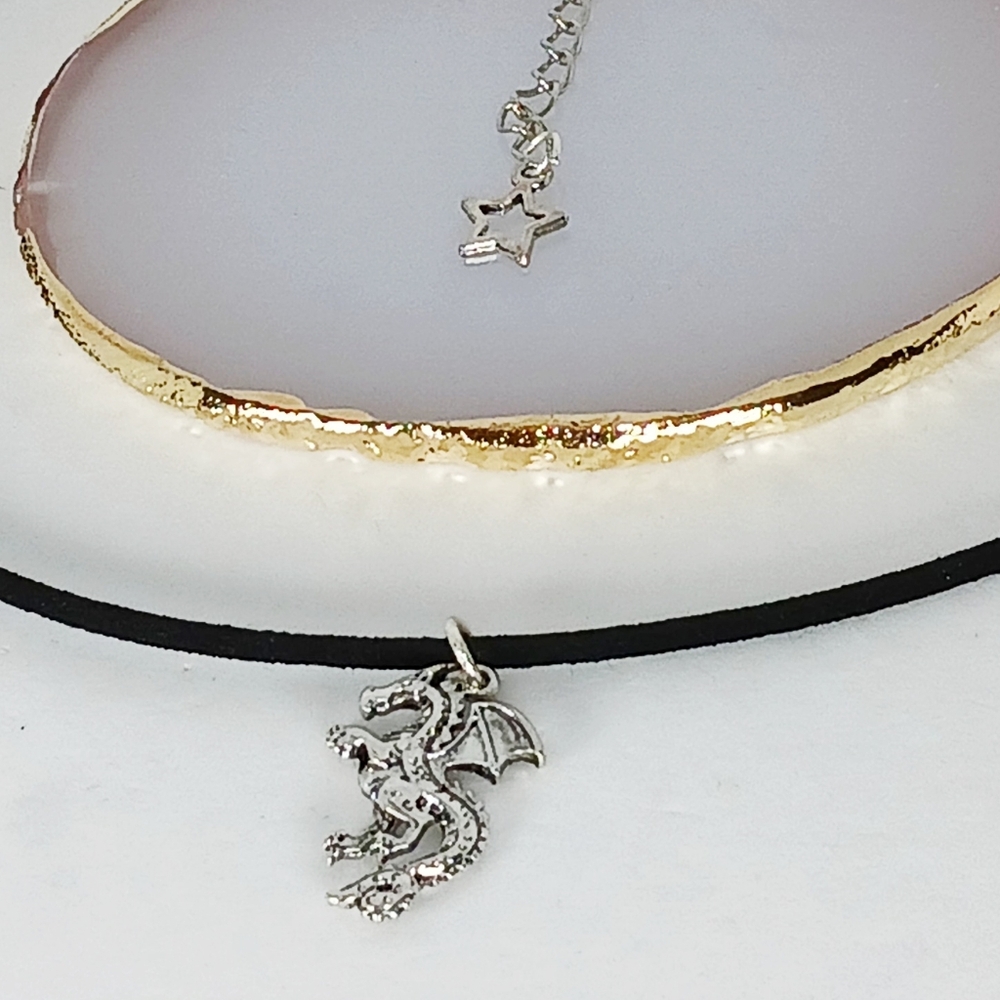 Cord Medallion Silver Dragon Pendant Necklace Whimsygoth New Age Grunge 1990s